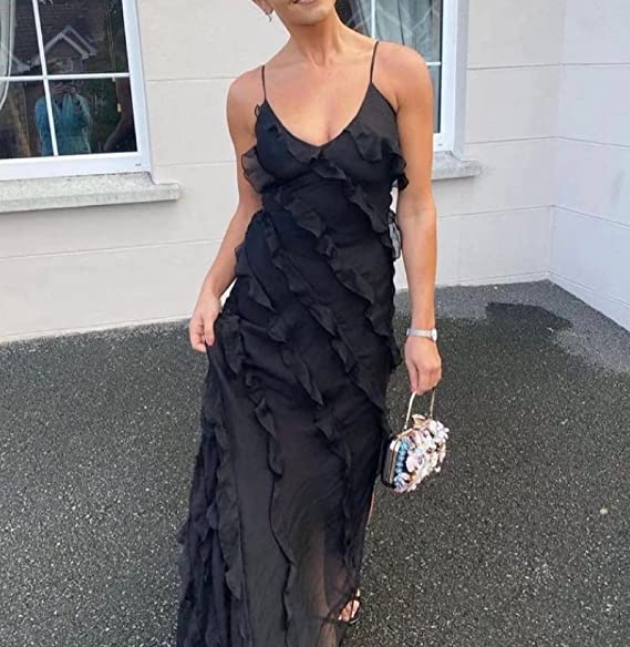 Romantic Ruffled Chiffon Prom Dresses with Deep V-Neckline, Spaghetti Straps, Daring High Slit and Flowing Maxi Silhouette Formal Gown