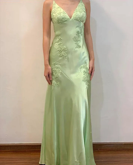 Romantic Sage Green Satin Spaghetti-Strap Lace-Embellished Open-Back Maxi Evening Dress