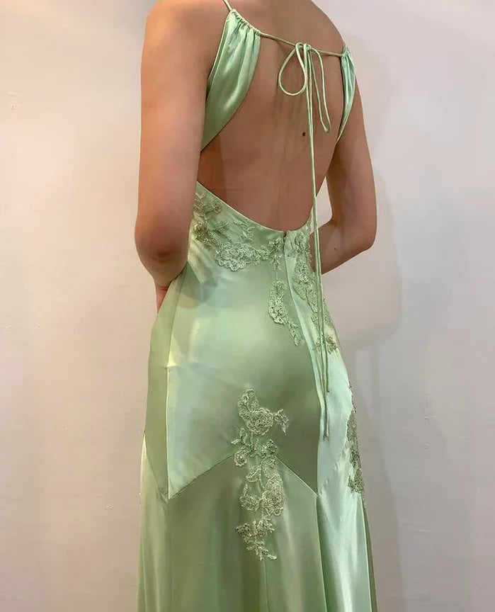 Romantic Sage Green Satin Spaghetti-Strap Lace-Embellished Open-Back Maxi Evening Dress