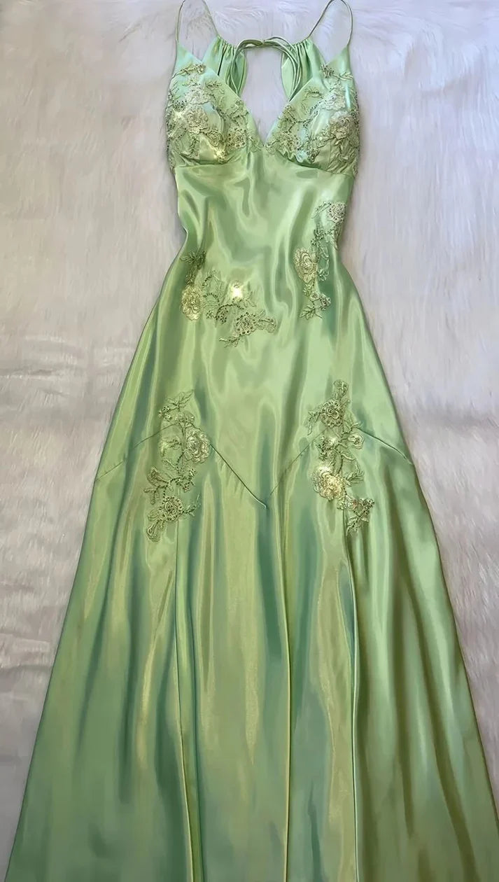 Romantic Sage Green Satin Spaghetti-Strap Lace-Embellished Open-Back Maxi Evening Dress