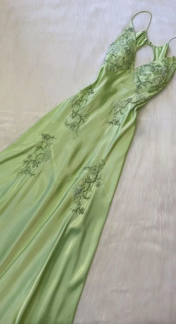 Romantic Sage Green Satin Spaghetti-Strap Lace-Embellished Open-Back Maxi Evening Dress