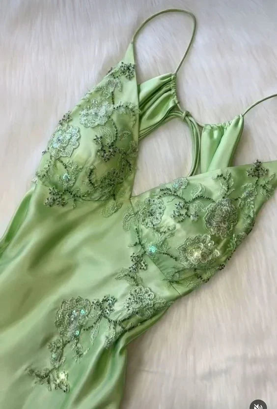Romantic Sage Green Satin Spaghetti-Strap Lace-Embellished Open-Back Maxi Evening Dress