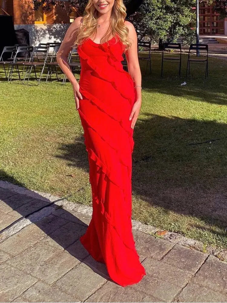 Romantic Spaghetti Strap Red Chiffon Ruffled Evening Dress with Open Back & High Thigh Slit