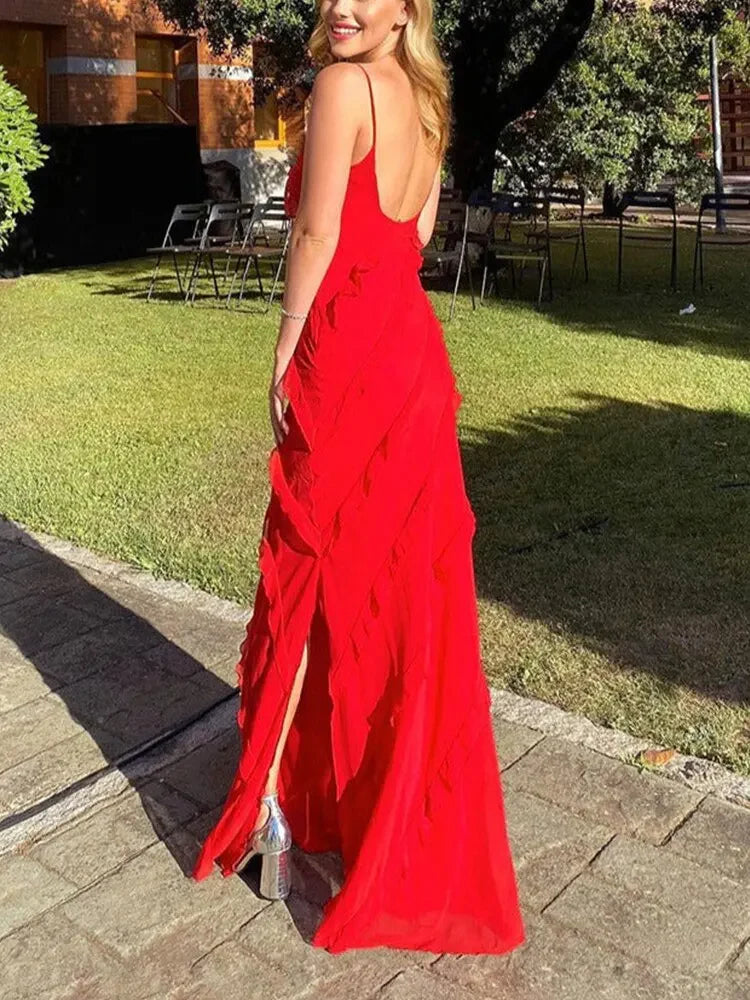 Romantic Spaghetti Strap Red Chiffon Ruffled Evening Dress with Open Back & High Thigh Slit