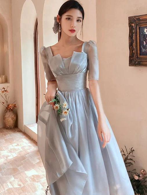 Romantic Square Neck Dusty Blue Organza Evening Dress with Puff Sleeves & Lace-Up Back