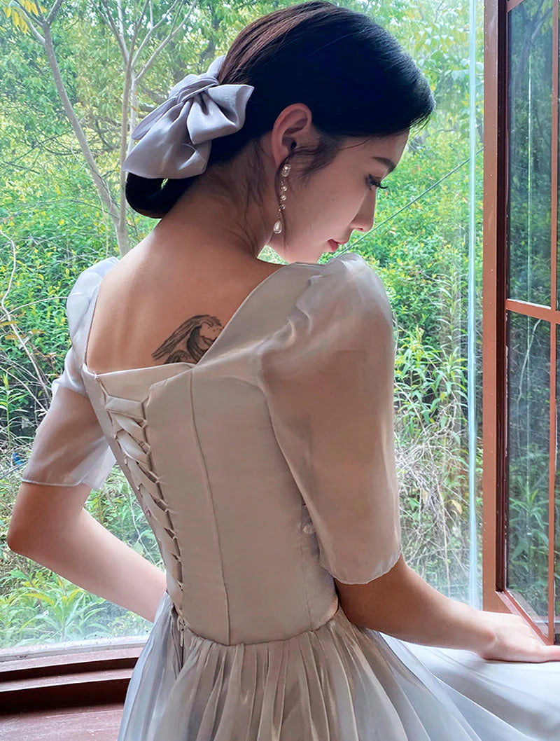 Romantic Square Neck Dusty Blue Organza Evening Dress with Puff Sleeves & Lace-Up Back