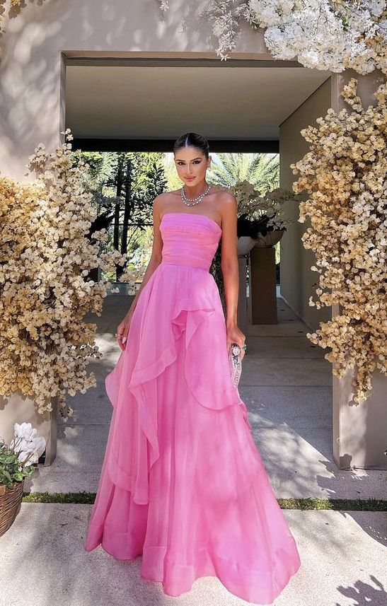 Romantic Strapless Ruffled Organza High-low Floor-length Hot Pink Evening Dresses