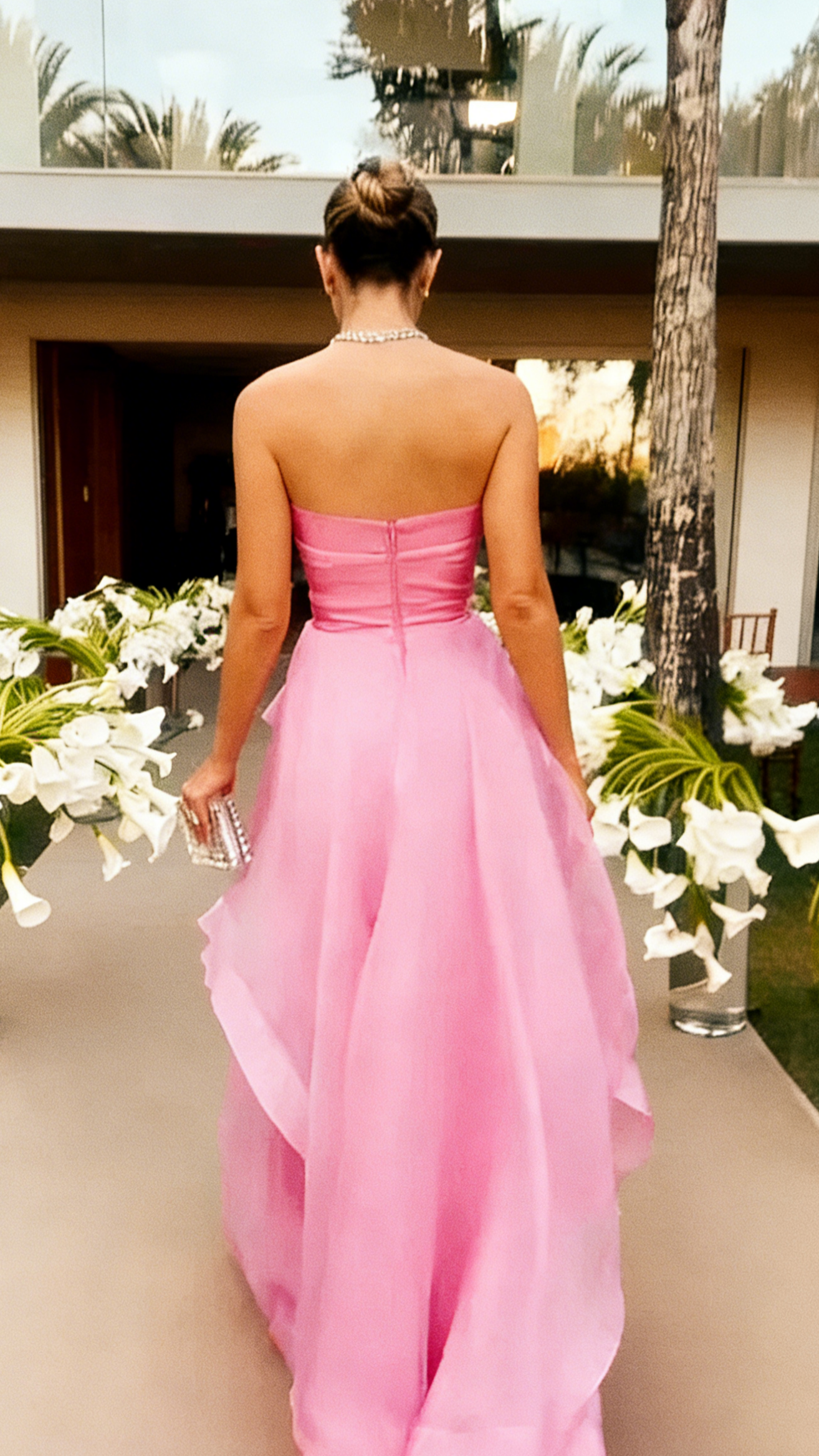 Romantic Strapless Ruffled Organza High-low Floor-length Hot Pink Evening Dresses
