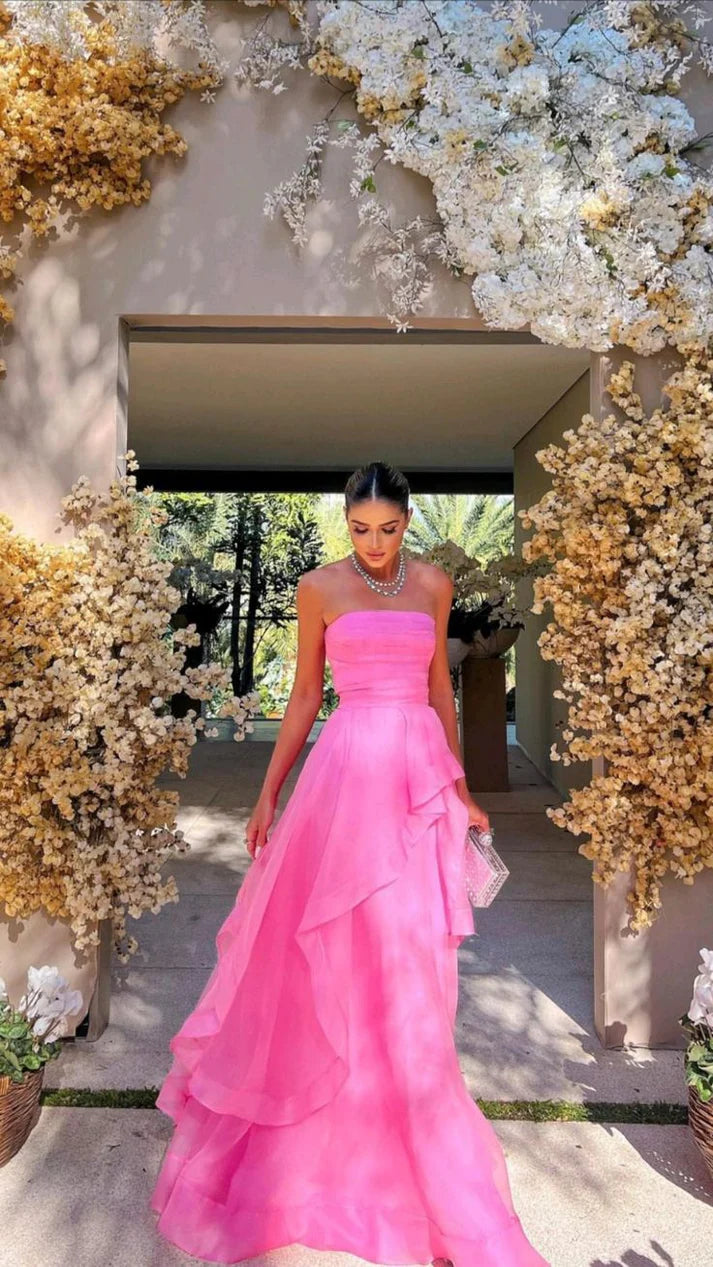 Romantic Strapless Ruffled Organza High-low Floor-length Hot Pink Evening Dresses