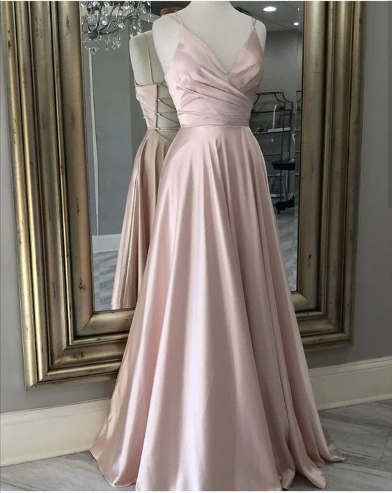 Romantic V-Neck Blush Pink Satin Evening Dress with Ruched Bodice & Floor-Length A-Line Skirt
