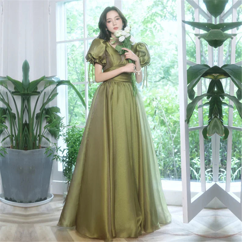 Romantic V-Neck Olive Green Organza Evening Dress with Puff Sleeves & Lace-Up Back