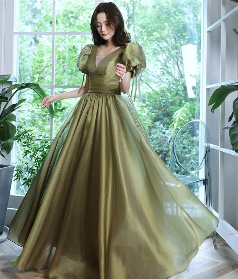 Romantic V-Neck Olive Green Organza Evening Dress with Puff Sleeves & Lace-Up Back