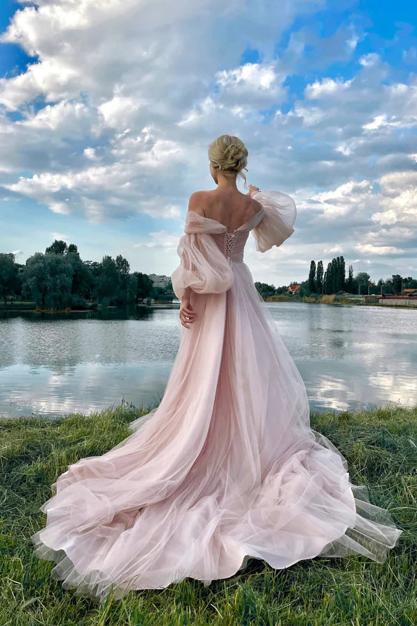 Whimsical Prom Dress with Off-the-Shoulder Neckline and Pleated Tulle Puff Sleeves