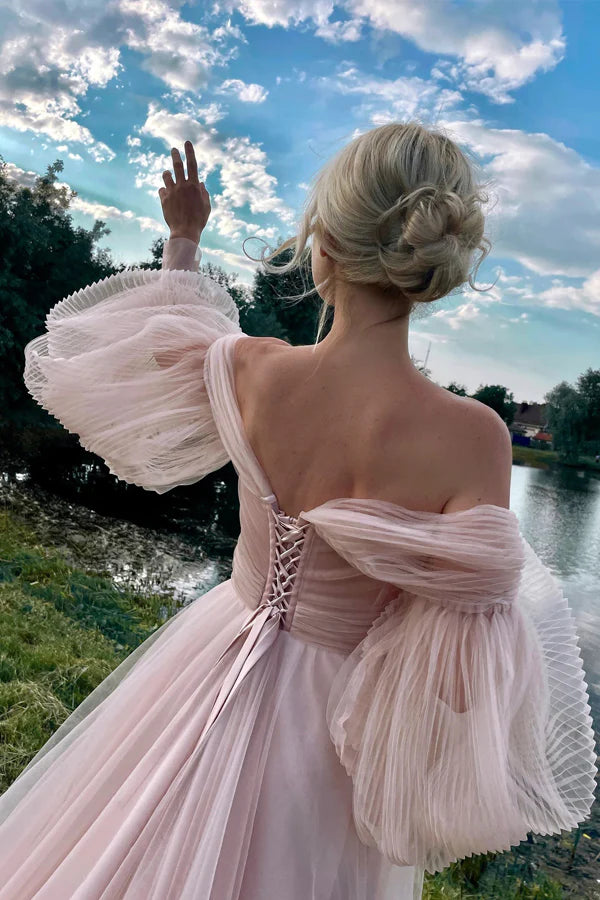 Whimsical Prom Dress with Off-the-Shoulder Neckline and Pleated Tulle Puff Sleeves