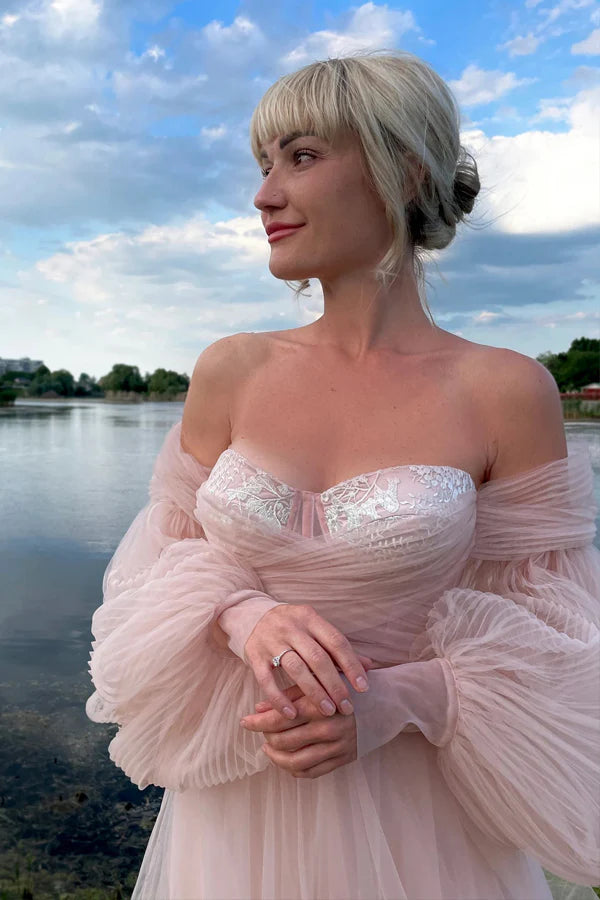Whimsical Prom Dress with Off-the-Shoulder Neckline and Pleated Tulle Puff Sleeves