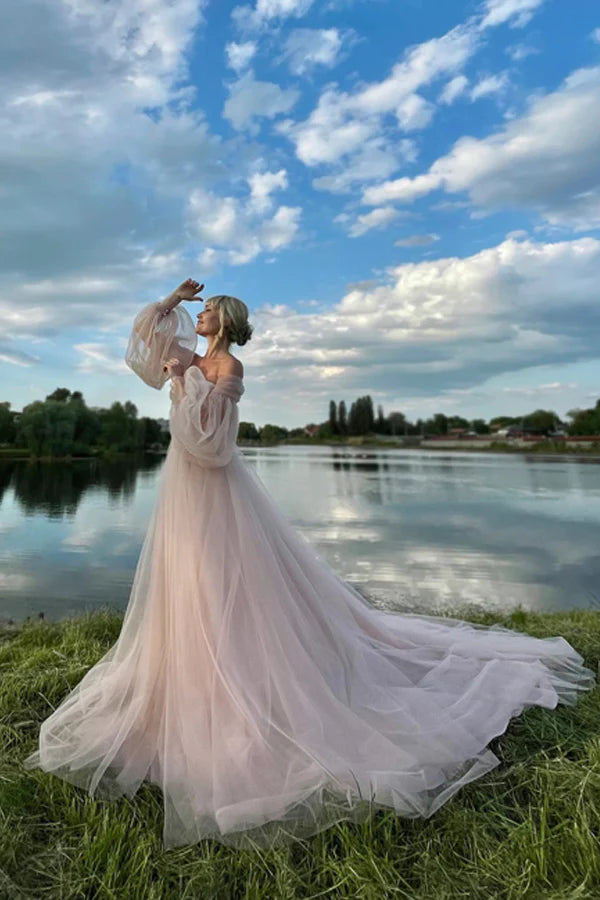 Whimsical Prom Dress with Off-the-Shoulder Neckline and Pleated Tulle Puff Sleeves