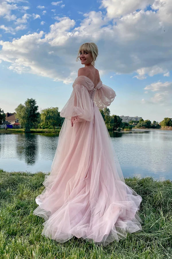 Whimsical Prom Dress with Off-the-Shoulder Neckline and Pleated Tulle Puff Sleeves