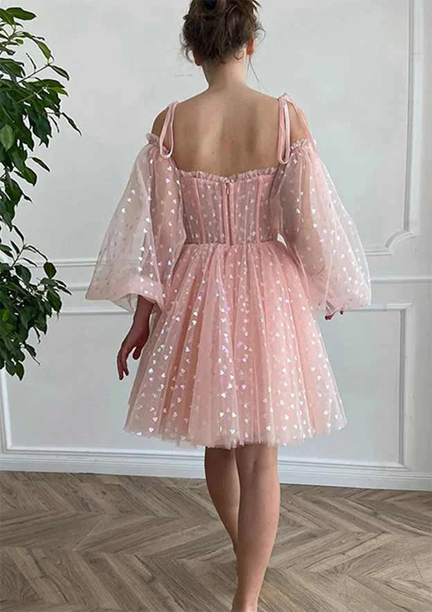 Romantic Sparkling A-Line Sweetheart Off-Shoulder Long Puff Sleeve Zipper Back Short Homecoming Dresses