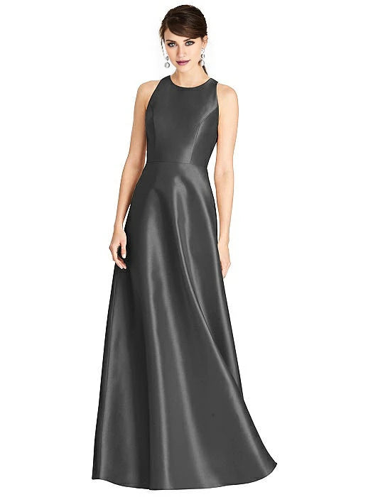 Rundhalsausschnitt, schulterfrei, ärmellos, rückenfrei und bodenlang, Abendkleid
