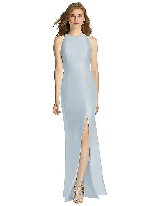 Ärmelloses, rückenfreies Abendkleid aus Satin mit Rundhalsausschnitt, Seitenschlitz und Bodenlänge