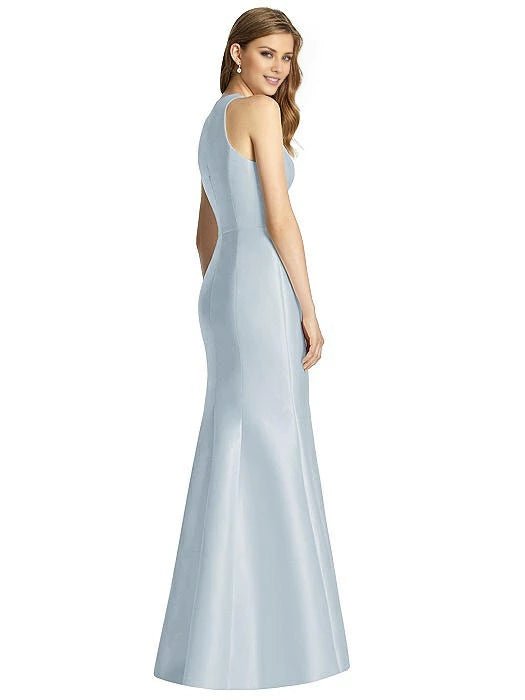 Ärmelloses, rückenfreies Abendkleid aus Satin mit Rundhalsausschnitt, Seitenschlitz und Bodenlänge