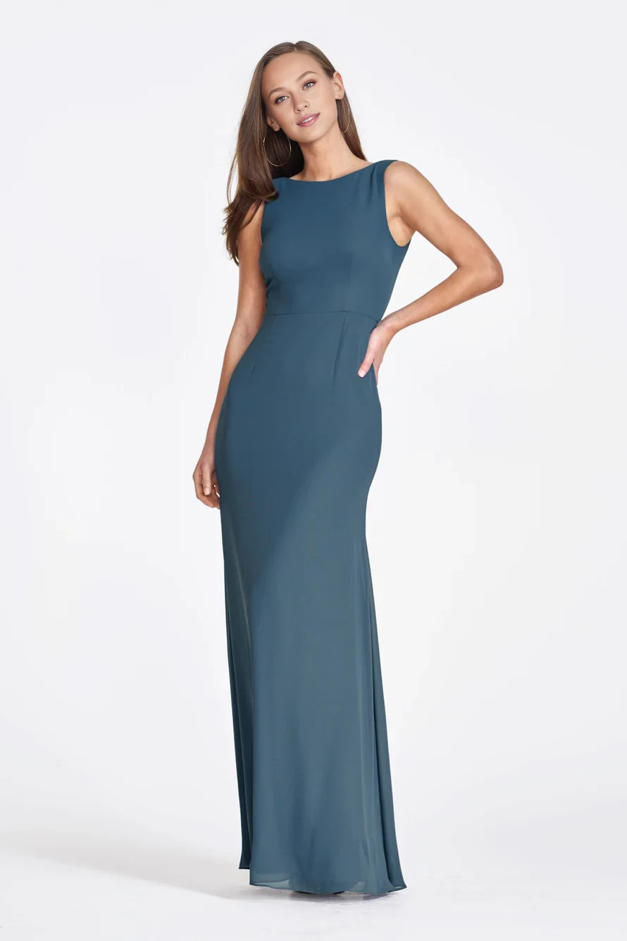 Rundhalsausschnitt, schulterfrei, ärmellos, rückenfrei und bodenlang, Abendkleid
