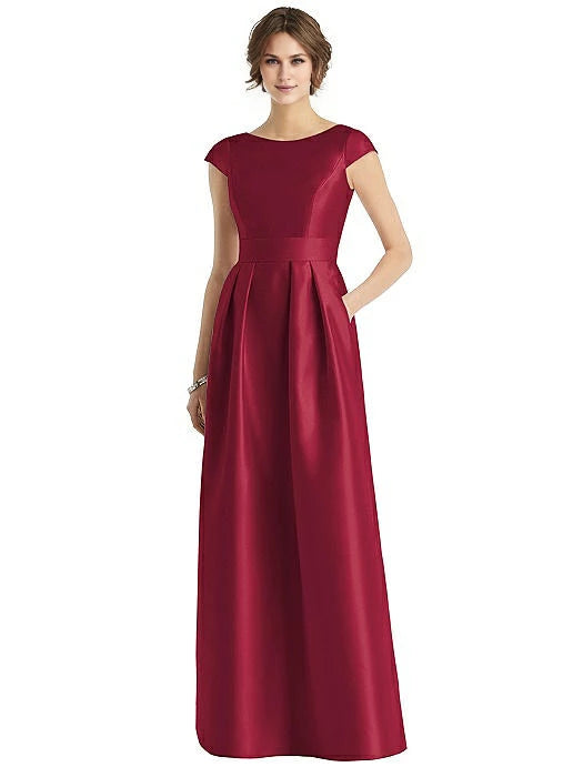 Rückenfreies, bodenlanges Abendkleid mit Rundhalsausschnitt und kurzen Ärmeln