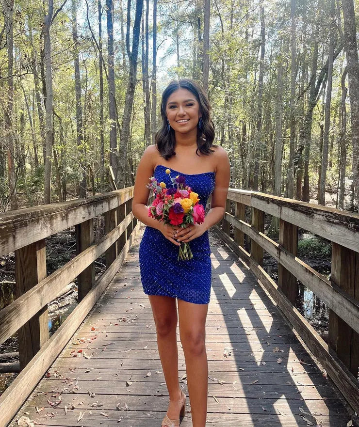 Royal Blue Strapless Allover Beaded Bodycon Mini Homecoming Dress
