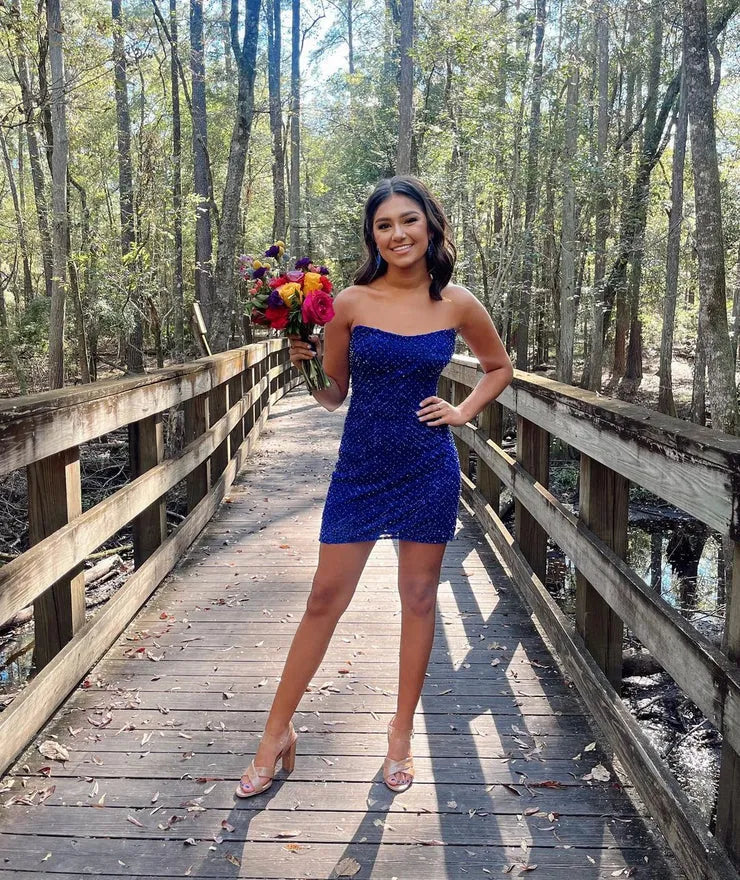 Royal Blue Strapless Allover Beaded Bodycon Mini Homecoming Dress