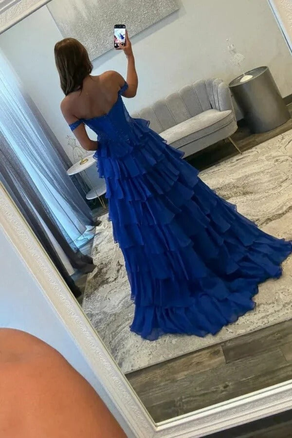 Royal Blue Off-the-Shoulder Beaded Ruffle Tiered Tulle Ball Gown with Slit