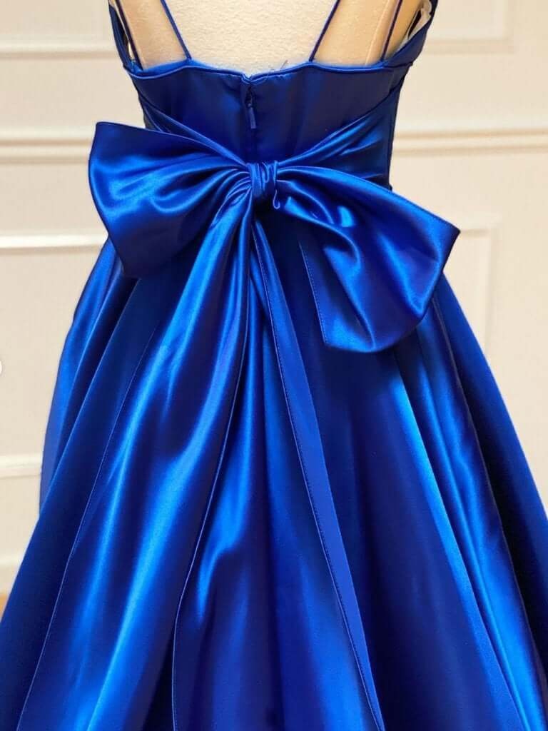 Royal Blue Satin Ball Gown with Back Bow and Sweep Train