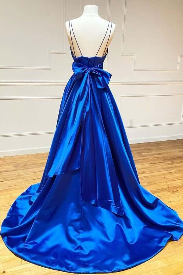 Royal Blue Satin Ball Gown with Back Bow and Sweep Train