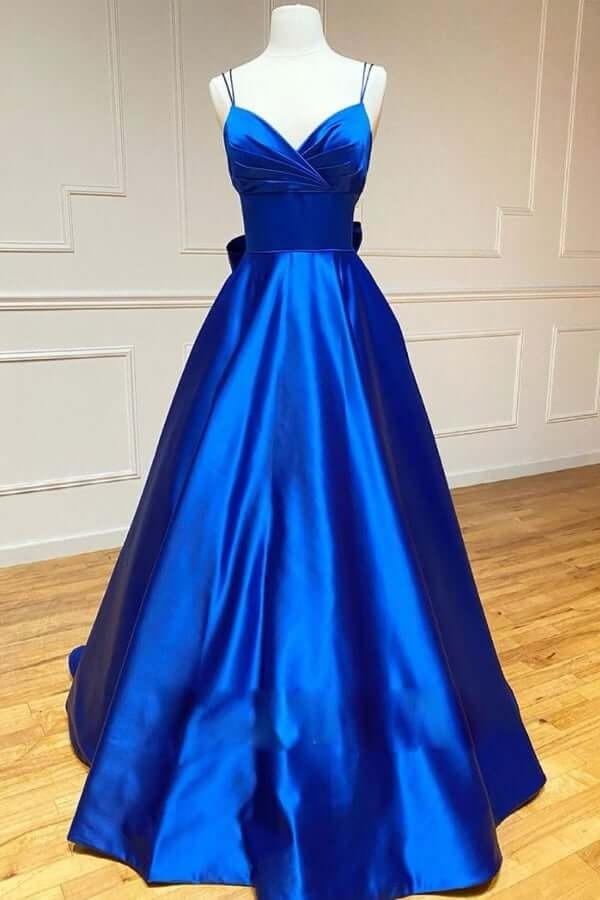 Royal Blue Satin Ball Gown with Back Bow and Sweep Train