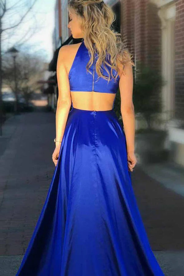 Royal Blue Satin Halter Neck Open Back Maxi Gown with Pockets