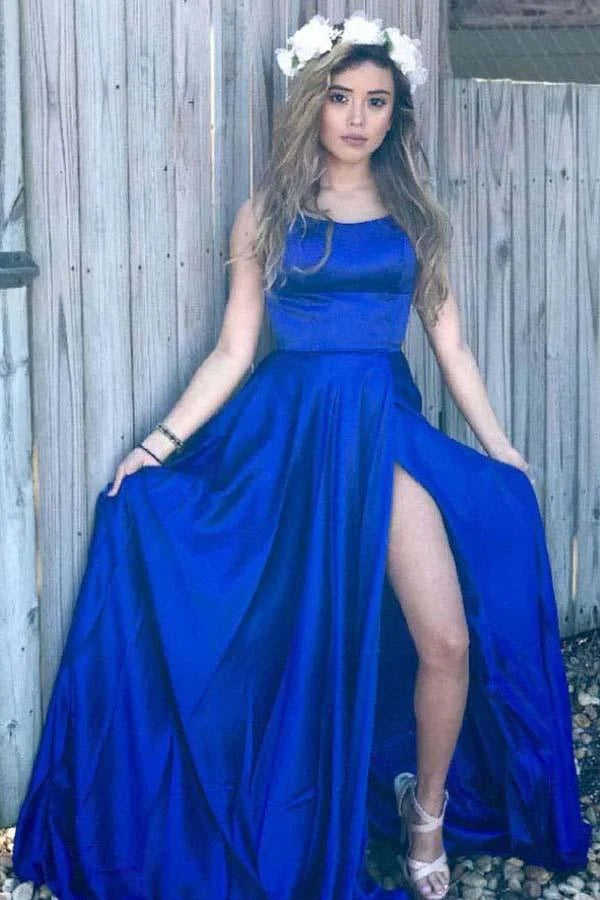 Royal Blue Spaghetti Strap Square Neck Open Back Satin A-Line Prom Maxi Gown with Slit & Train