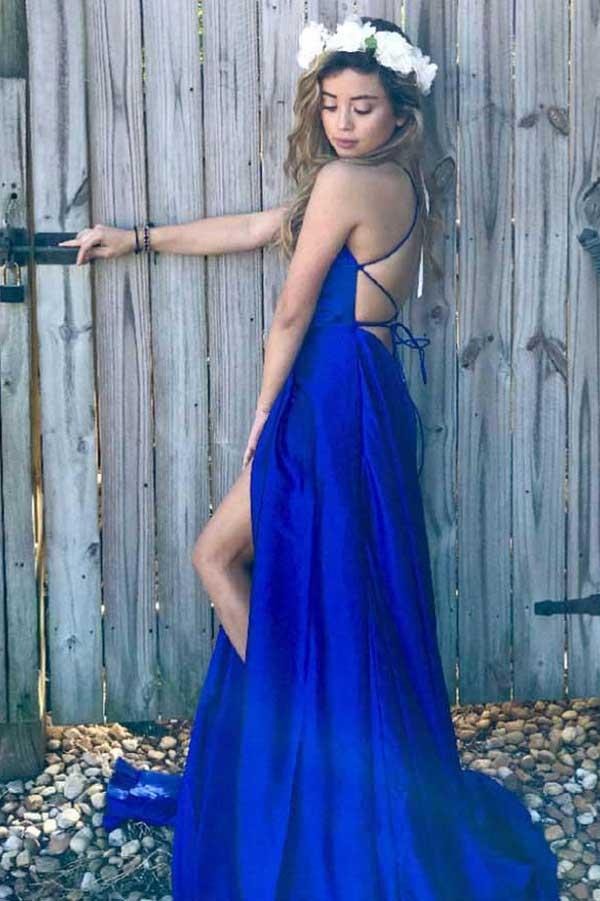 Royal Blue Spaghetti Strap Square Neck Open Back Satin A-Line Prom Maxi Gown with Slit & Train