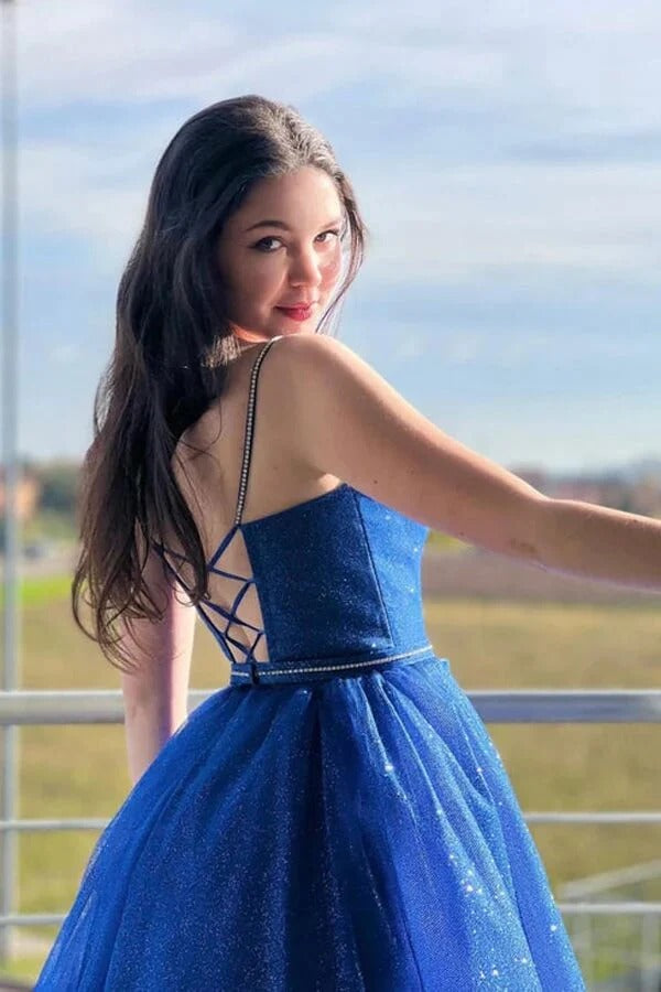 Royal Blue Spaghetti Strap Sweetheart Neckline Open Back Glitter Tulle Ball Gown with Train