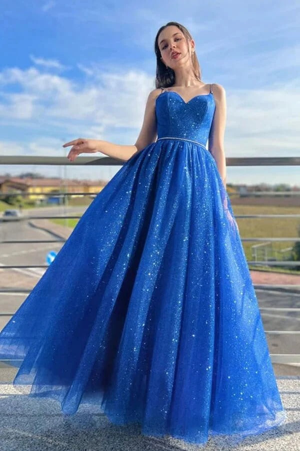 Royal Blue Spaghetti Strap Sweetheart Neckline Open Back Glitter Tulle Ball Gown with Train