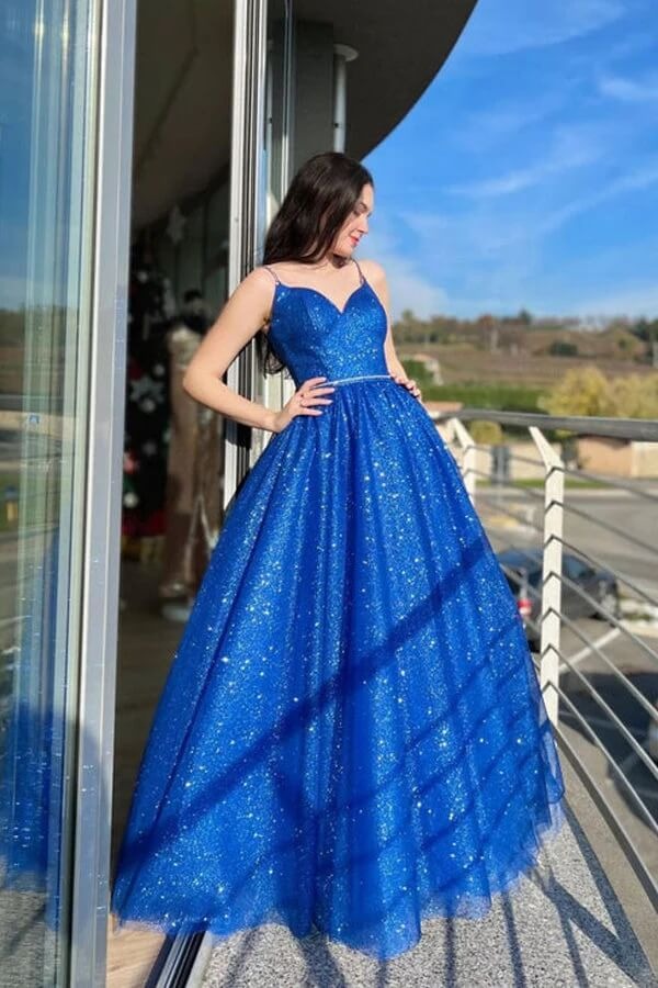 Royal Blue Spaghetti Strap Sweetheart Neckline Open Back Glitter Tulle Ball Gown with Train