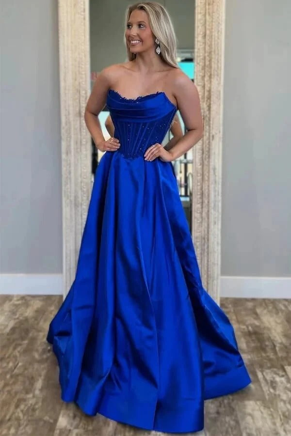 Royal Blue Strapless Sweetheart Beaded Corset Satin Ball Gown with Train