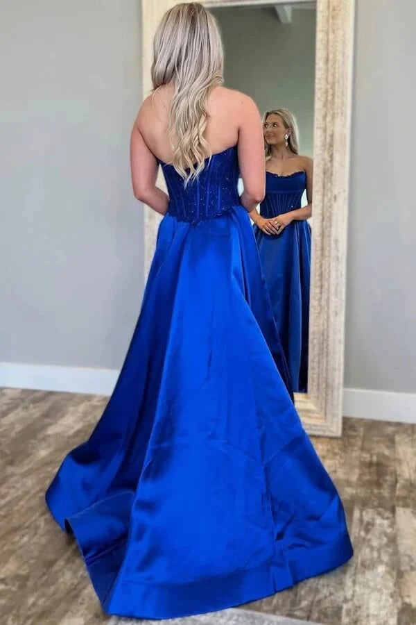 Royal Blue Strapless Sweetheart Beaded Corset Satin Ball Gown with Train