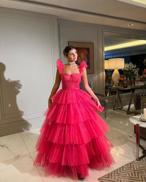 Ruffle Shoulder Tiered Tulle Evening Dress Sweetheart Neck Ball Gown Formal Party Wedding Guest Prom Maxi Dress
