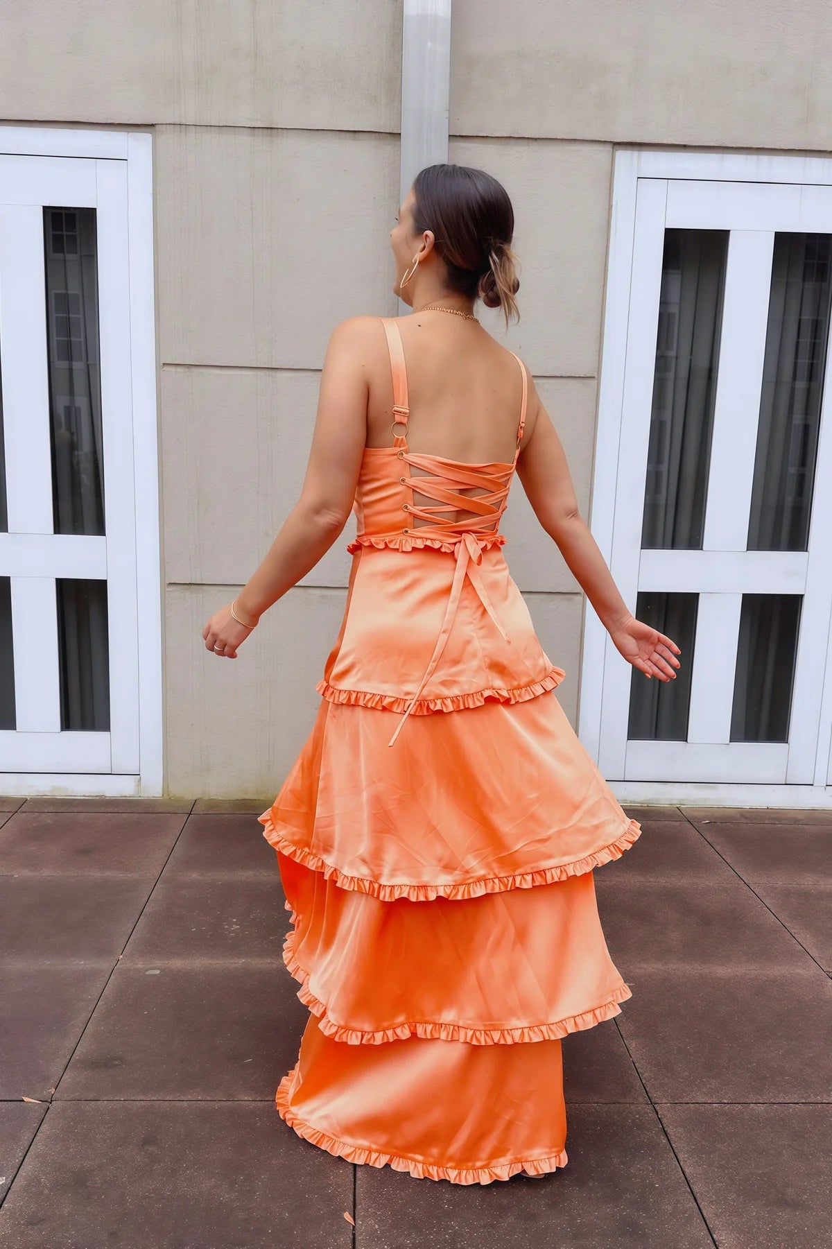 Ruffled Tiered Satin Prom Dress with High Side Slit and Lace-Up Back