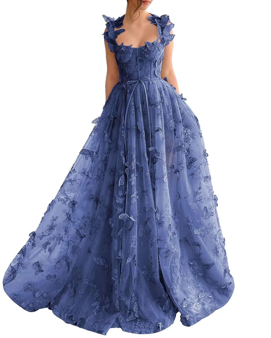 Long Tulle Prom Dress with 3D Butterflies Sexy Slit Ball Gown Evening Dresses Party Wedding Formal