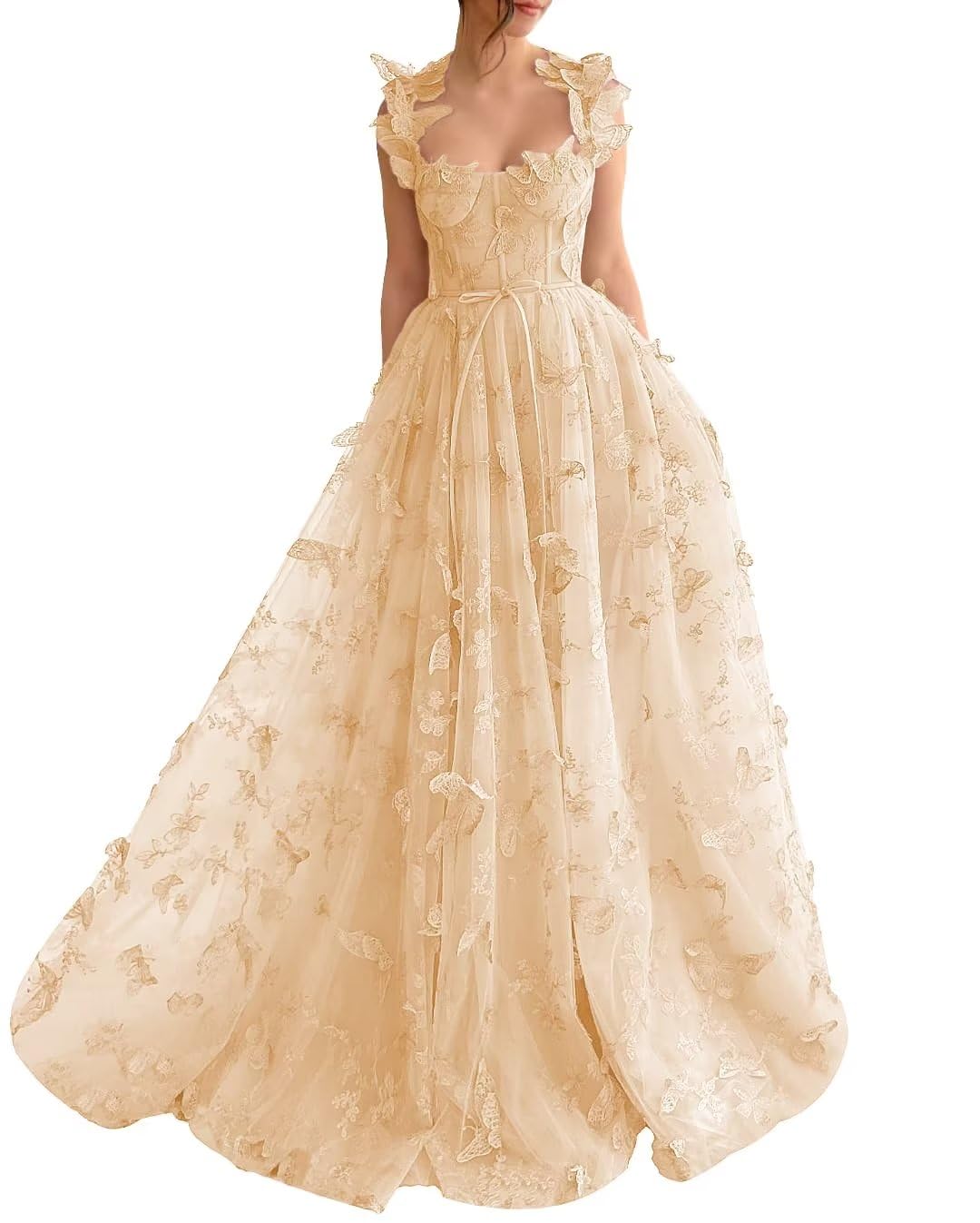 Long Tulle Prom Dress with 3D Butterflies Sexy Slit Ball Gown Evening Dresses Party Wedding Formal