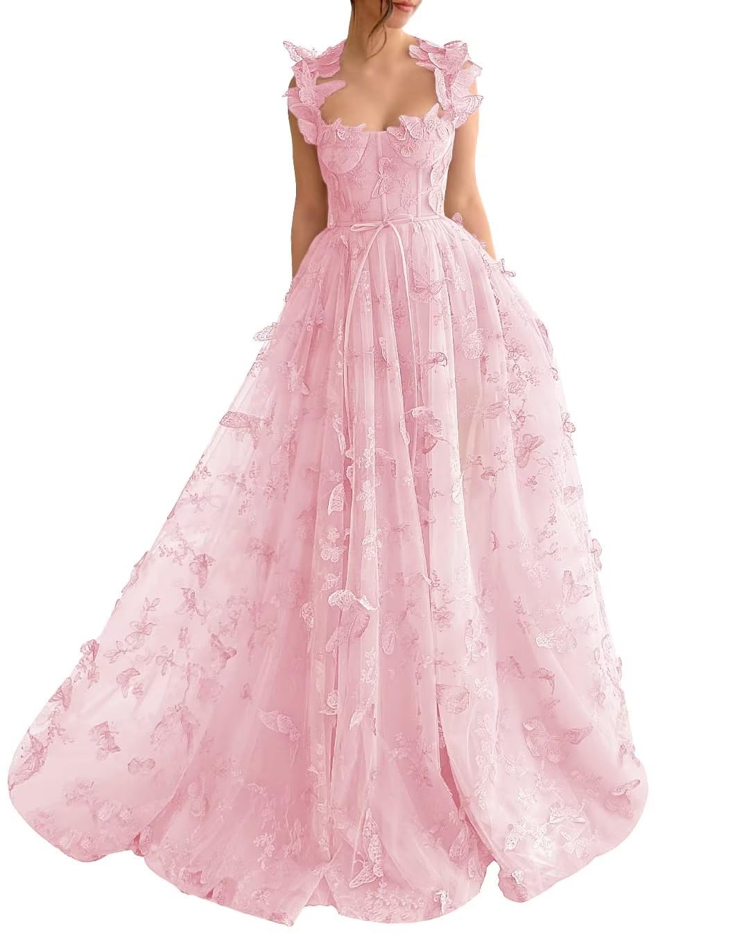 Long Tulle Prom Dress with 3D Butterflies Sexy Slit Ball Gown Evening Dresses Party Wedding Formal