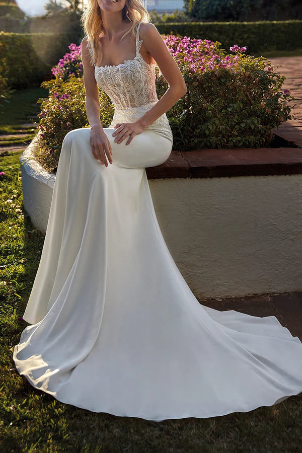 Robe de mariée queue de poisson autocollante en dentelle cuillère illusion