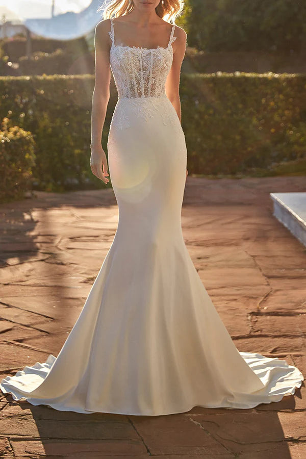 Robe de mariée queue de poisson autocollante en dentelle cuillère illusion