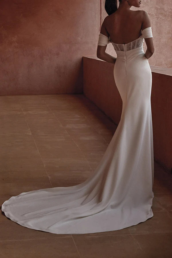 A-line off shoulder high slit Bohemian wedding dress