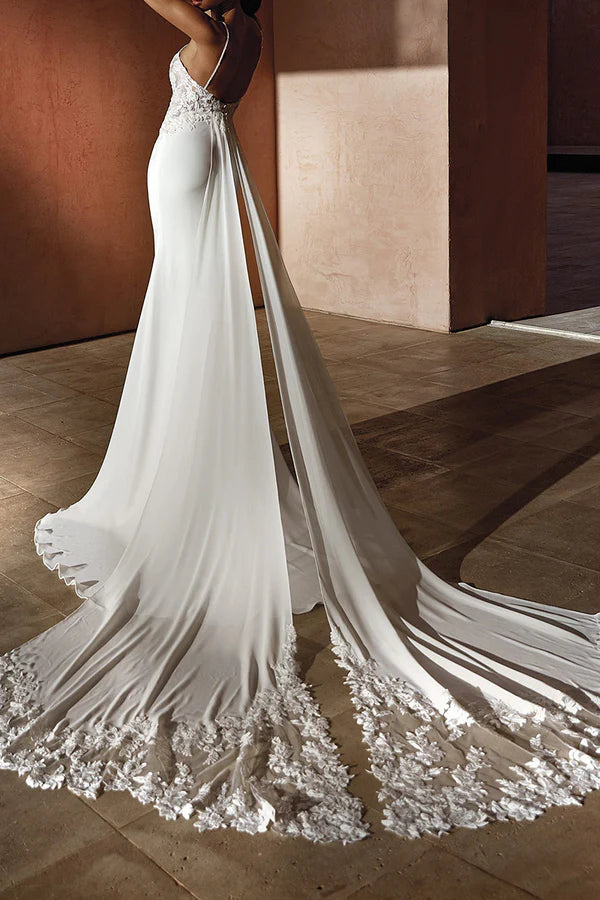 Robe de mariée sirène en dentelle à col en V illusion Robe de mariée de style bohème